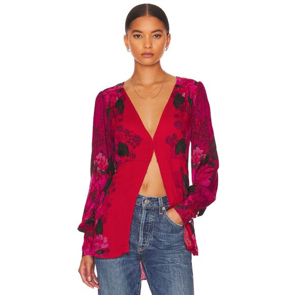 Free People Mikayla Scarlet Combo Red Printed Floral Front Hook Blouson Blouse - Picture 1 of 11